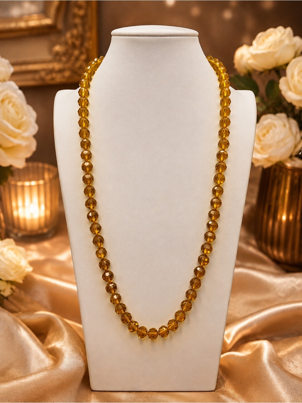 Champagne / amber Crystal handknotted faceted 26 inch necklace Aprilsplace